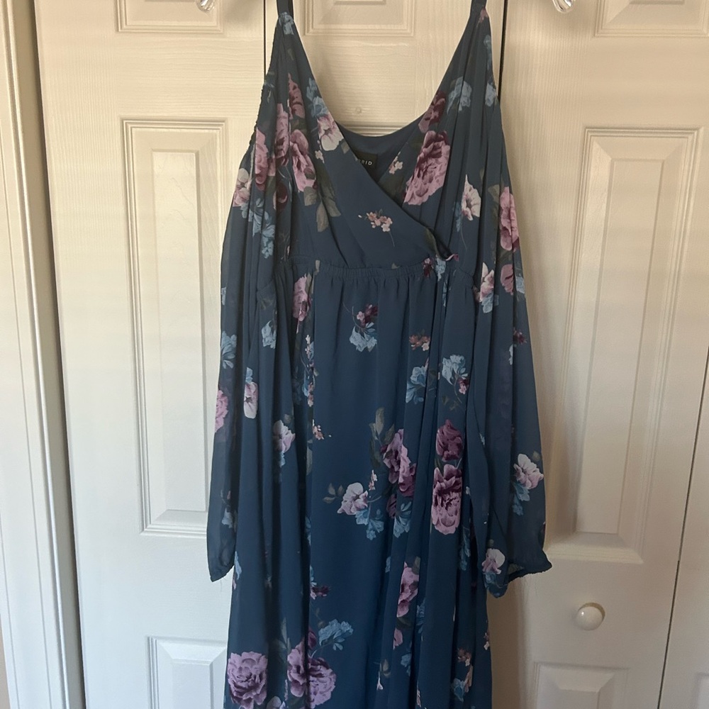 torrid Blue Floral Dress with Pink Accents and sheer sleeves